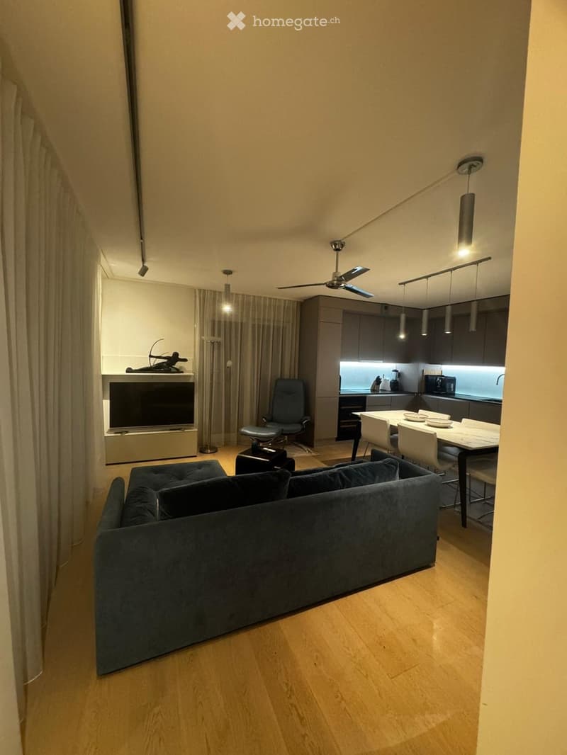 Spacious living room with hardwood floor, gray couch, ceiling fan, large flat screen TV, dining table with chairs, kitchen with black counter, modern design, pendant lighting