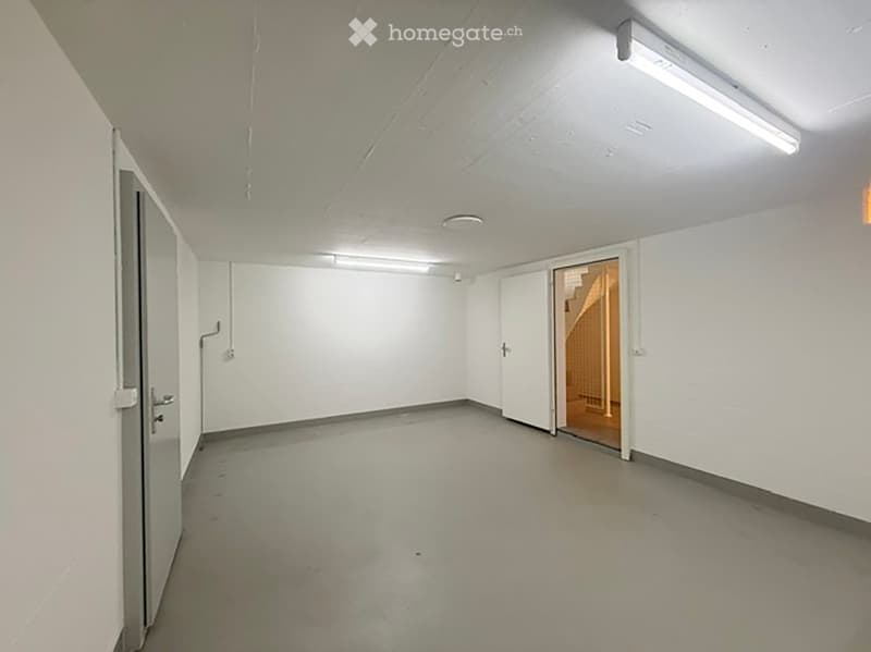 Empty room with white walls, grey concrete floor, and a single open door leading to a staircase area.