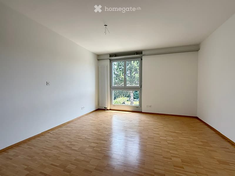 Empty room with wooden flooring, white walls, and a large window with a view of greenery outside.