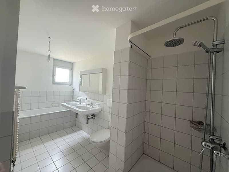 Modern bathroom with white tiled walls and floor, featuring a bathtub, double sink, toilet, mirror, and a walk-in shower with a handheld showerhead.