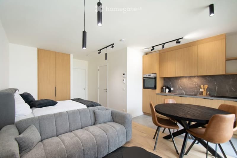 Modern, open-plan living and sleeping area with a grey sofa, a bed, a dining table with chairs, and light wooden cabinets.
