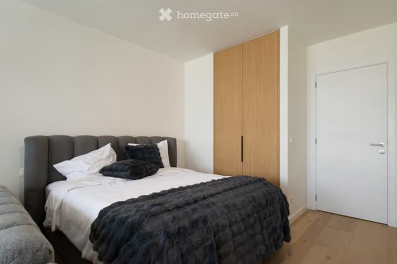 Modern bedroom with a large bed, multiple pillows, a dark blanket, and a wooden wardrobe.