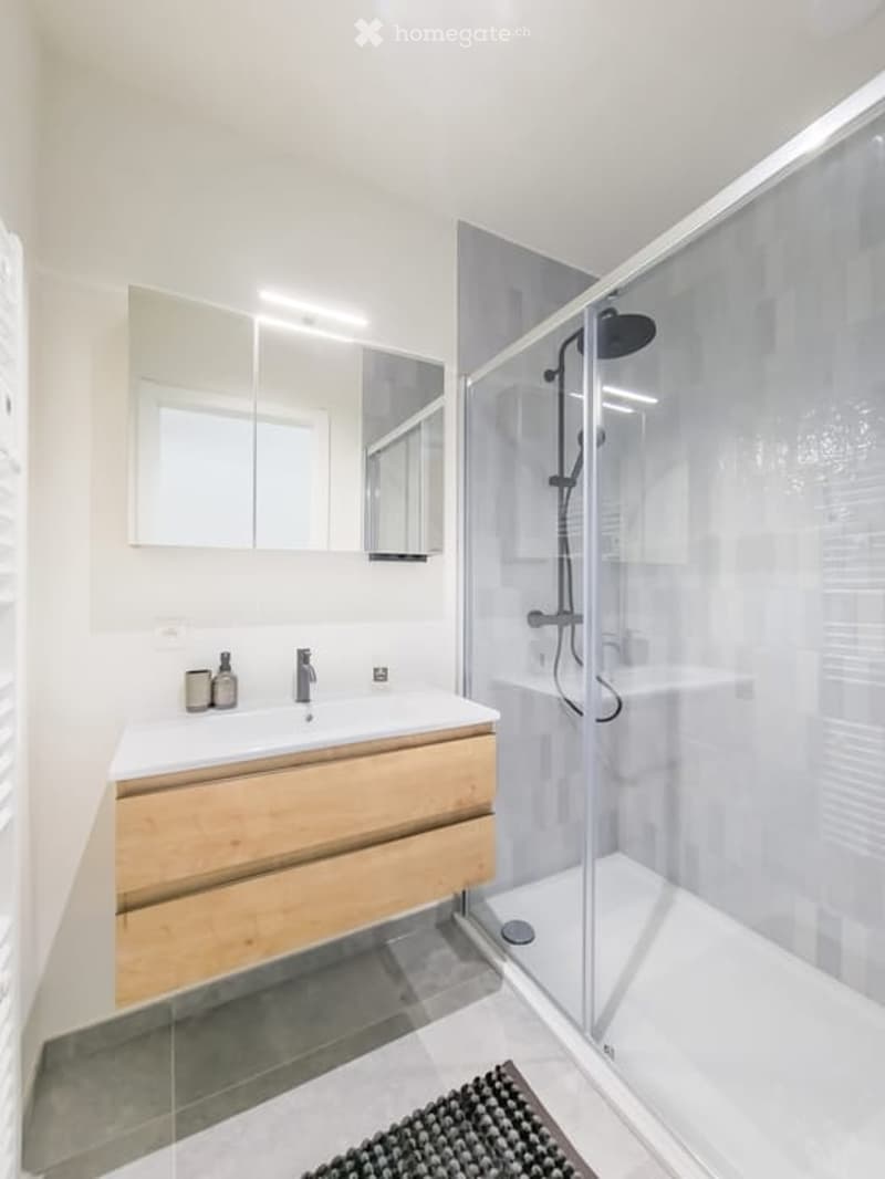 Modern bathroom with a wooden vanity, sink, mirror, and a glass-enclosed shower with a handheld showerhead.