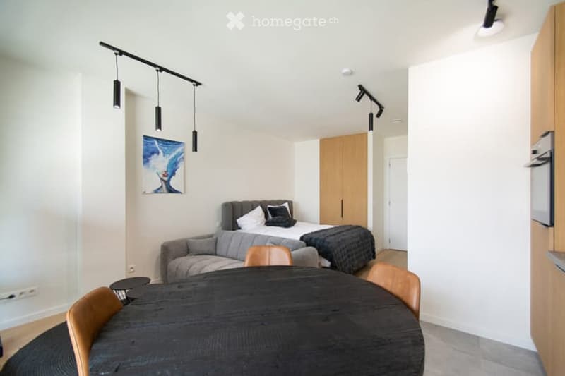 Modern, compact studio apartment with a sofa, bed, dining table, chairs, and a wardrobe. Features pendant lighting and a contemporary art piece on the wall.