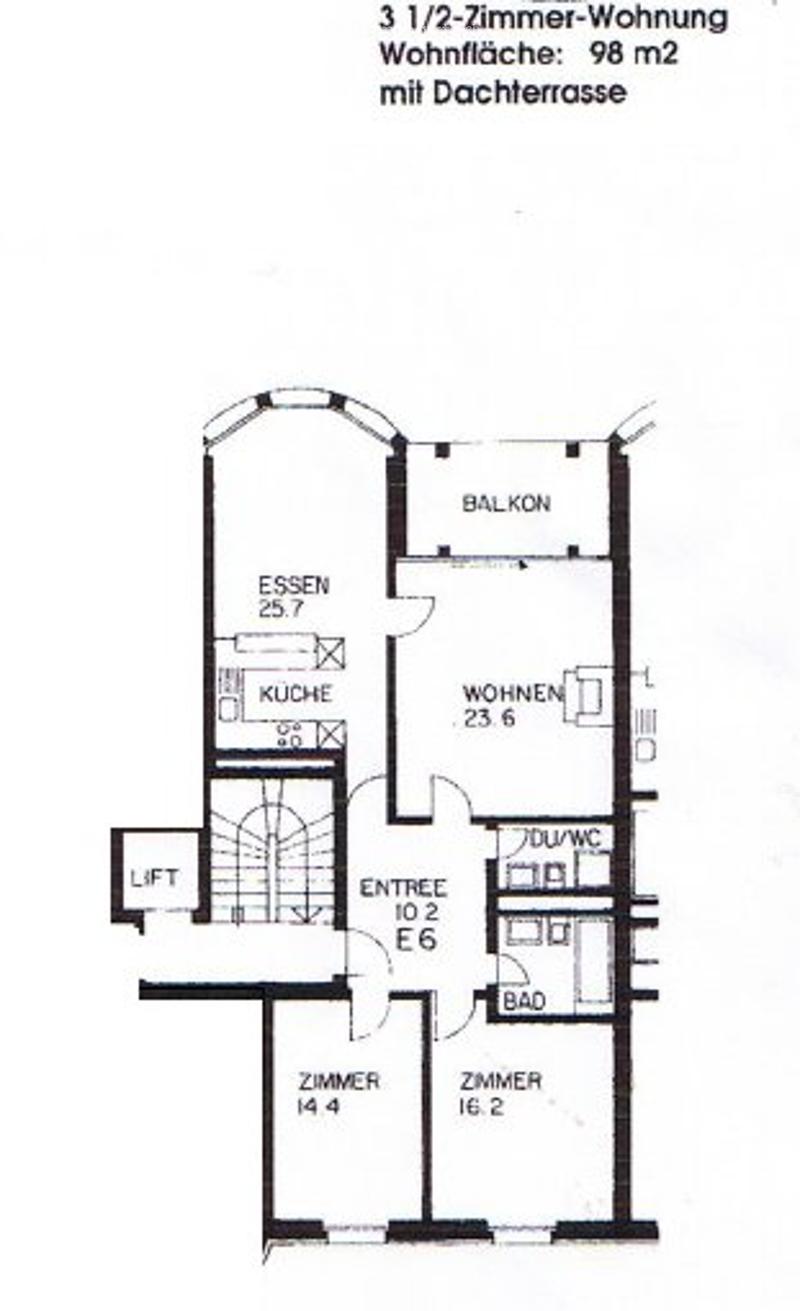 Floor plan of a 3.5-room apartment with a balcony, featuring a living area, kitchen, two bedrooms, bathroom, and entrance.