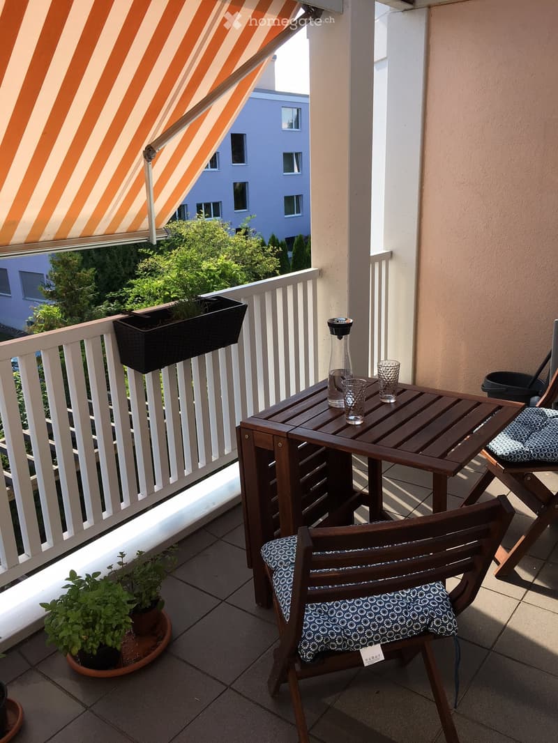 Balcony with a small wooden table, two chairs, a bottle, three cups, and potted plants.