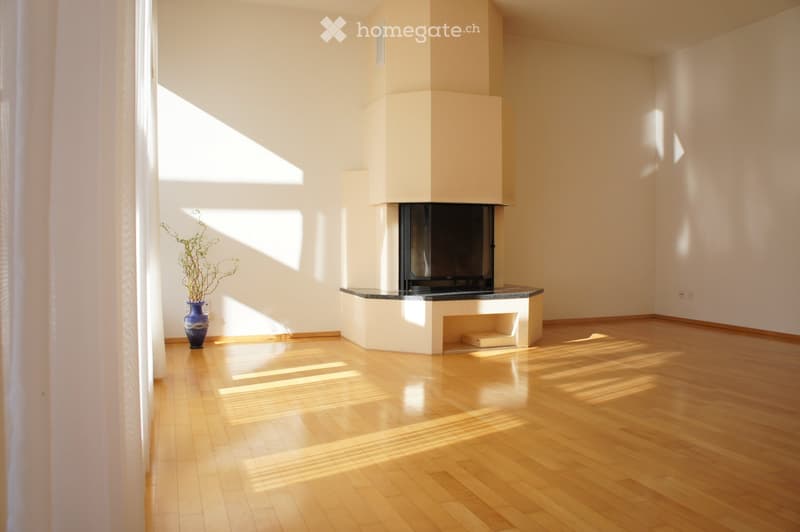 Empty room with wooden flooring, fireplace, and a vase with plants near the window.