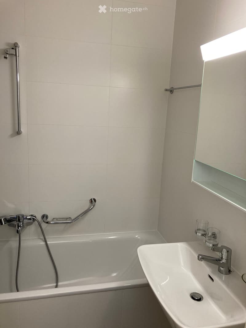 Modern bathroom with a bathtub, sink, and glass shelf. Features a handheld showerhead, grab bar, and two cups on the sink.
