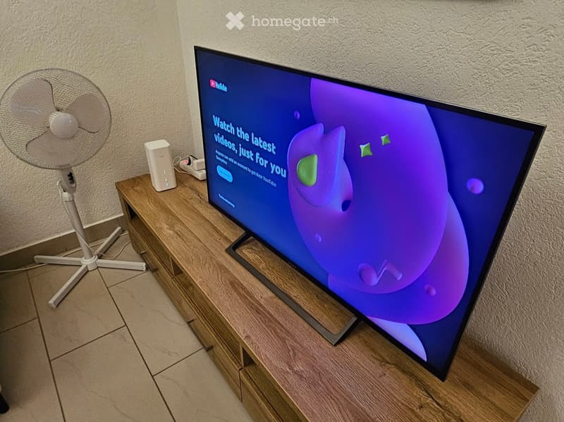 A modern living room with a flat-screen TV on a wooden stand, a small fan, and a speaker on the table.