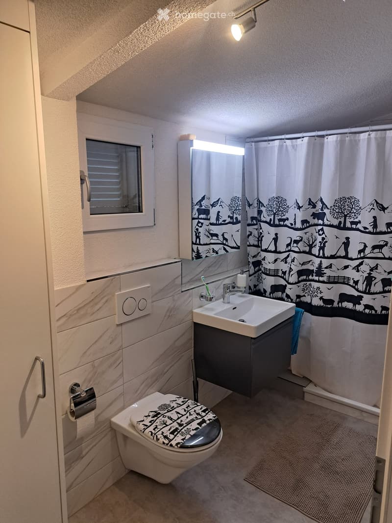 Modern bathroom with a toilet, sink, mirror, and shower curtain featuring a black and white mountain and animal design. The room includes a window with blinds, a light fixture, and a small rug on the floor.