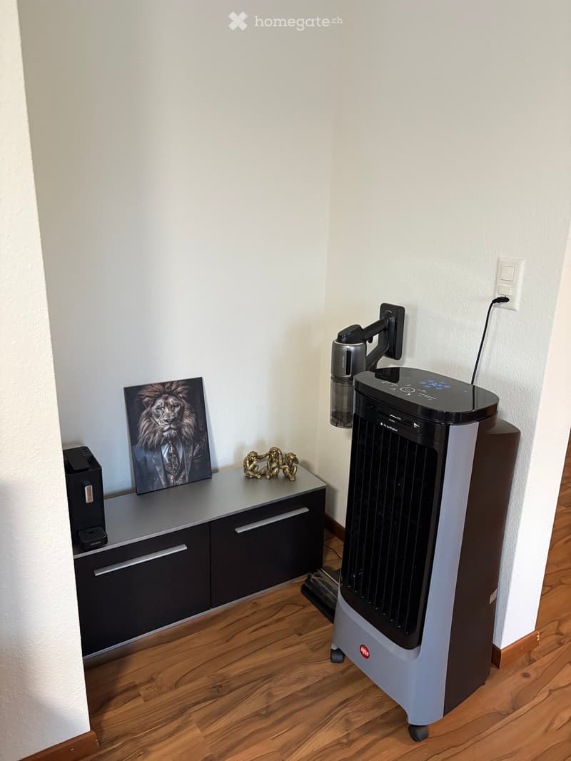 A small, furnished room with a wooden floor, a black cabinet with a picture frame and a small statue on top, and a large fan on the right side.