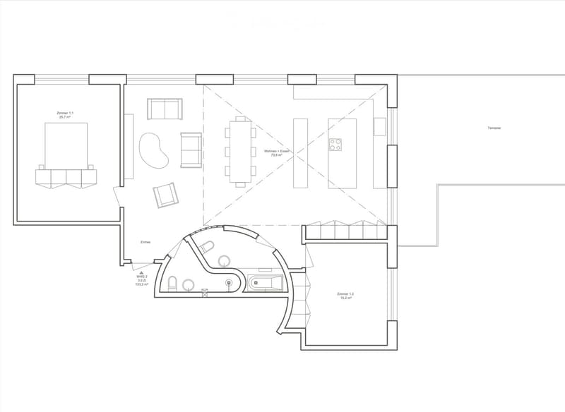 Floor plan showing a living/dining area, two bedrooms, a bathroom, and a terrace.