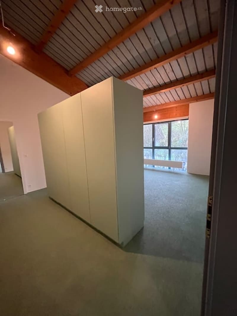 Empty room with light-colored walls, carpeted floor, large window, and a tall white partition dividing the space.