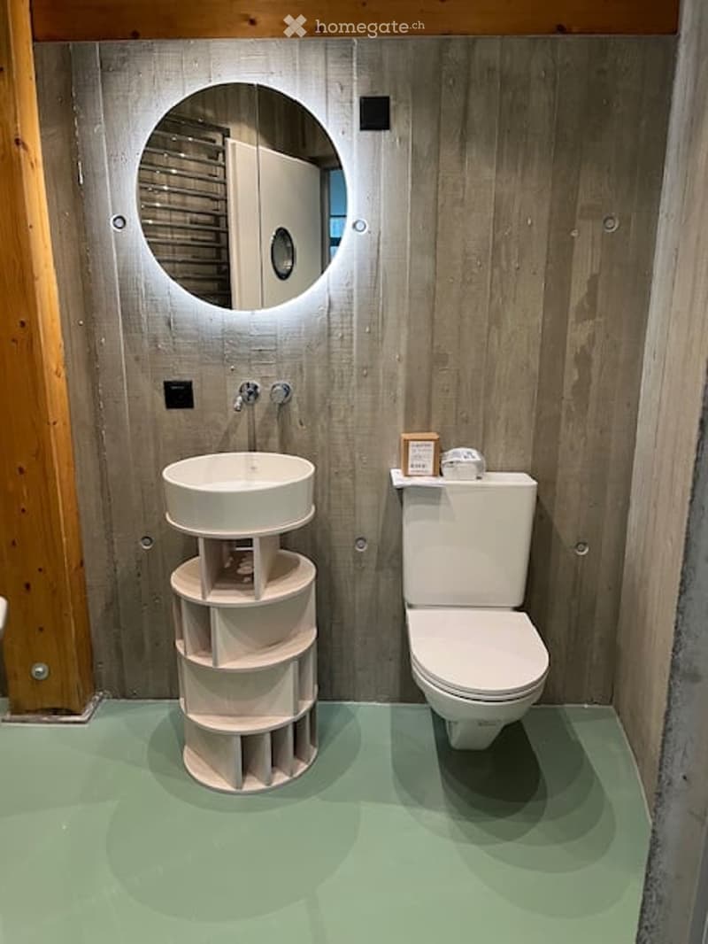 Modern bathroom with a white sink on a round stand, a toilet, and a round mirror above the sink. The walls are wooden, and the floor is green.
