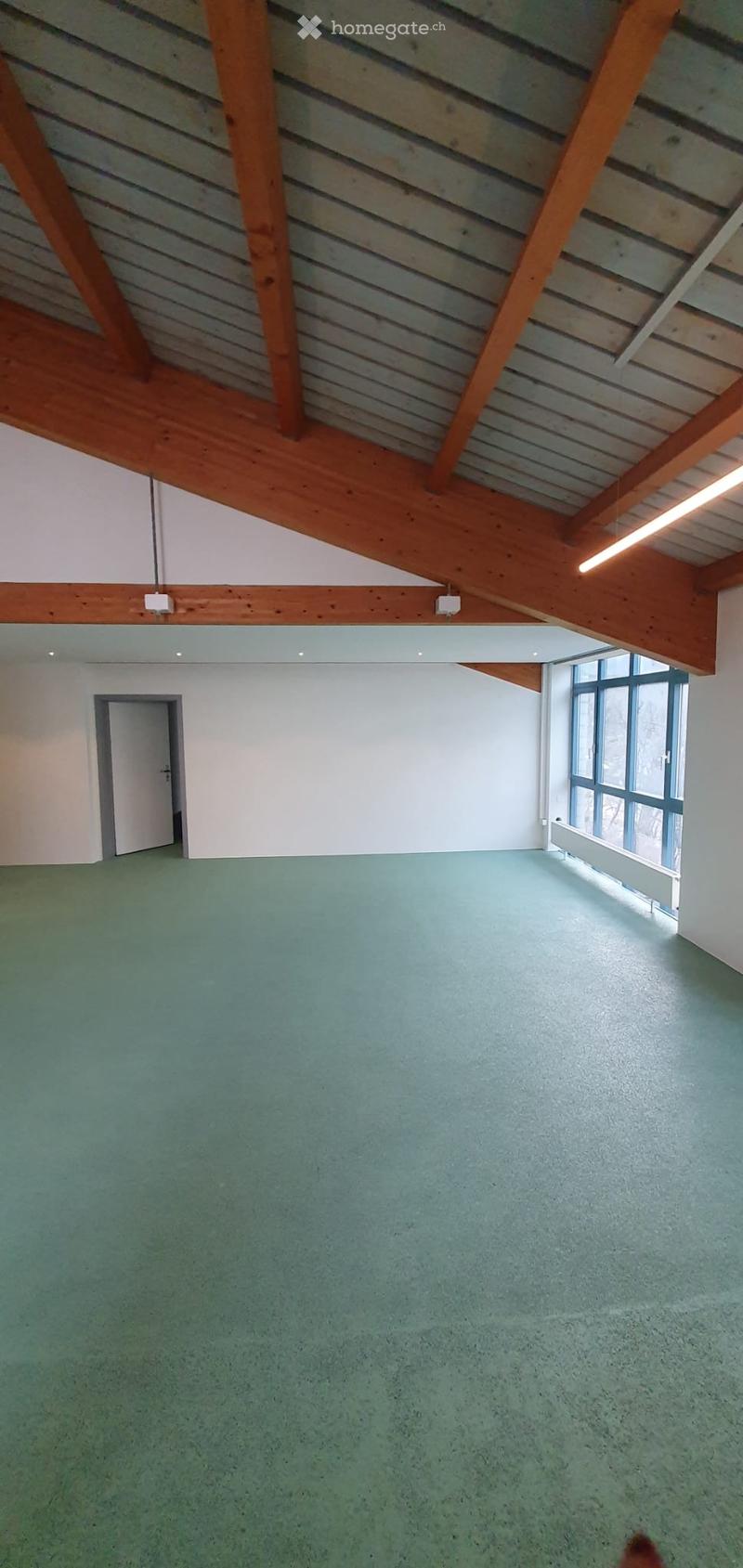 Empty room with light green concrete floor, white walls, wooden ceiling beams, and a large window with blue frame.