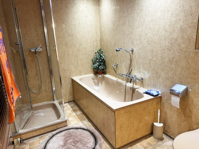 Modern bathroom with a bathtub, separate shower, toilet, and a small plant on the edge of the tub. Features a beige tiled wall and floor, a round bathroom rug, and a toilet paper holder.