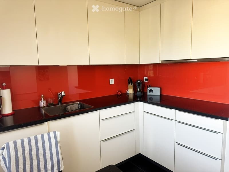 Modern kitchen with white cabinets, dark countertops, and a red backsplash. Features a sink, faucet, knife block, coffee maker, and a camera on the counter.