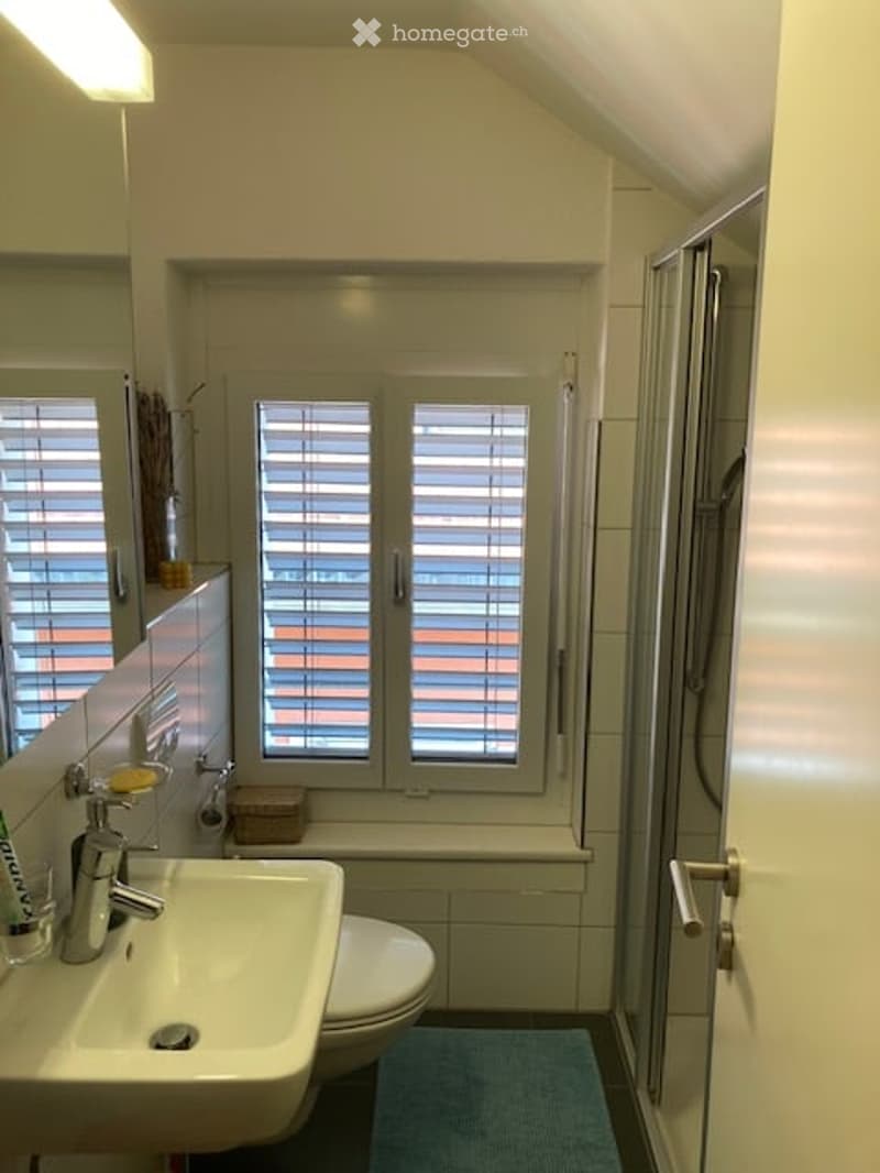 Modern bathroom with a white sink, chrome faucet, toilet, shower stall, and a window with blinds. A small rug is placed on the floor.