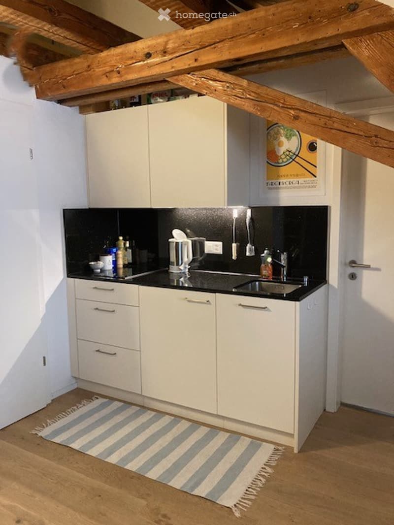 Modern kitchen with white cabinets, black countertops, stainless steel sink, coffee maker, and various small appliances. Wooden floor and striped rug.