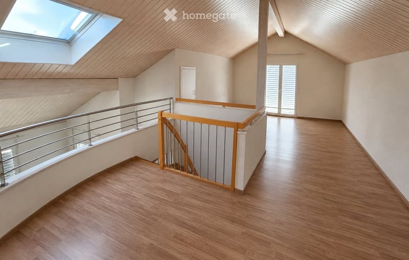 Spacious hallway with wooden flooring, modern metal railing, and skylight above. The walls are painted in a light neutral color, and the ceiling has a wooden finish.