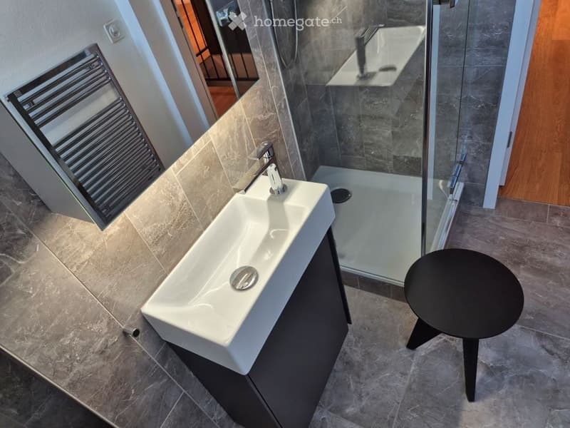 Modern bathroom with a white sink, chrome faucet, black stool, and a glass-enclosed shower area.