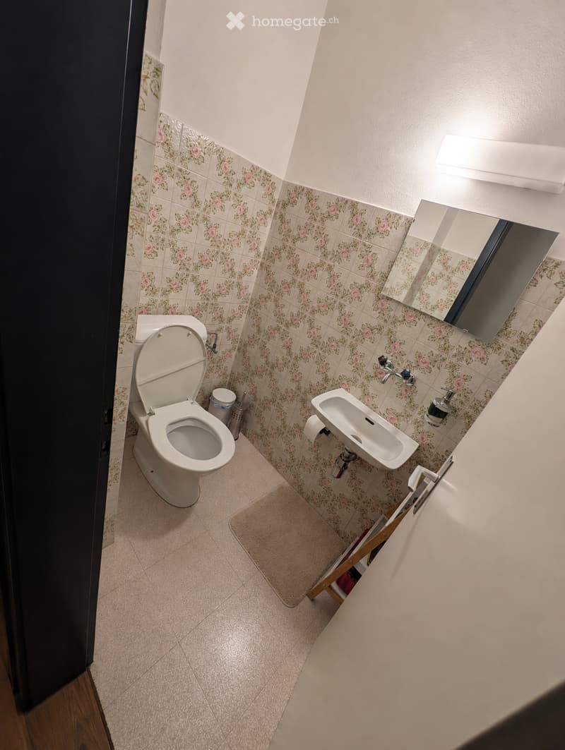 Bathroom with floral tiled walls, a toilet, a sink, a mirror, and a small trash can. The floor is tiled, and a small rug is placed in front of the toilet.