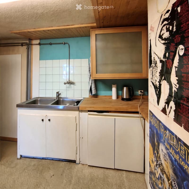 Compact kitchen with white cabinets, wooden countertop, stainless steel sink, and a small refrigerator. Features a poster on the wall and a glass-fronted cabinet above the counter.