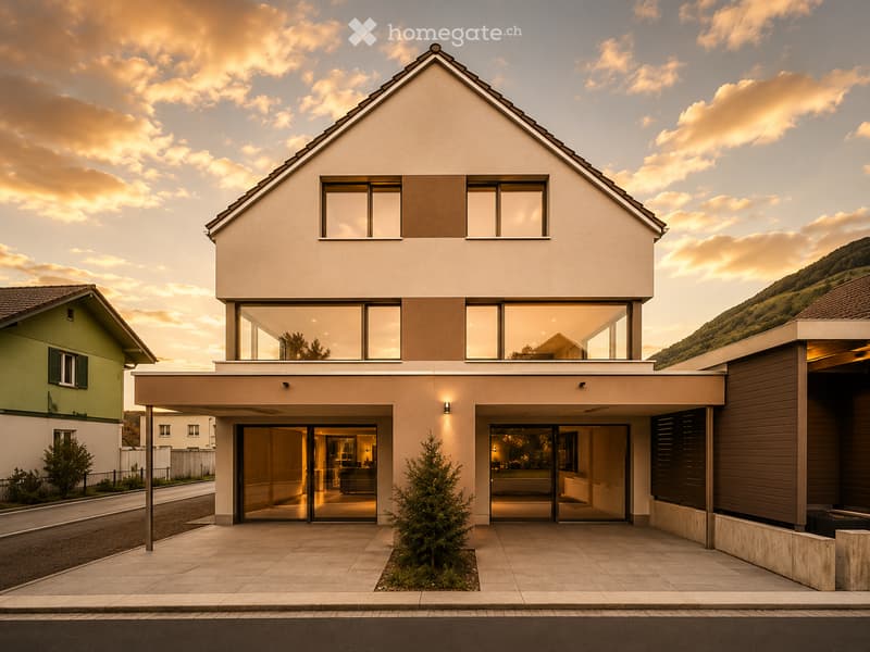 Modern two-story house with large windows, raised ground floor, and contemporary design.