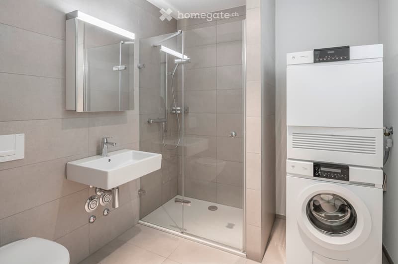 Modern bathroom with a white sink, mirror, toilet, glass-enclosed shower, and a stacked washer/dryer unit.