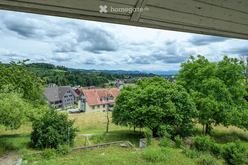 View from a balcony or terrace overlooking a residential area with houses, trees, and distant mountains under a partly cloudy sky.
