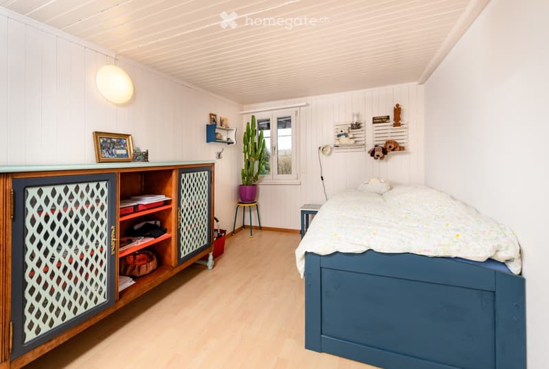 Bright bedroom with wooden flooring, white paneled walls, and a blue-painted bed. Features a wooden cabinet with glass doors, a small stool, a potted cactus, and decorative shelves with stuffed animals.