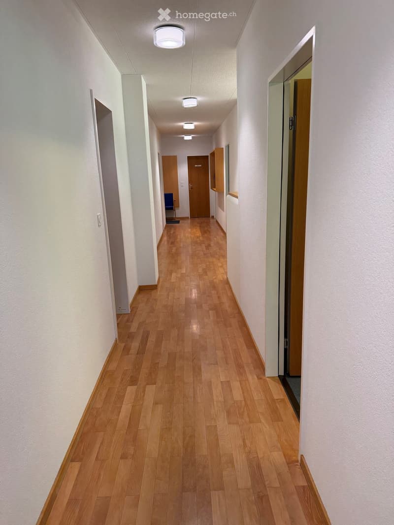 Clean, well-lit hallway with wooden flooring, white walls, and several doors leading to rooms.