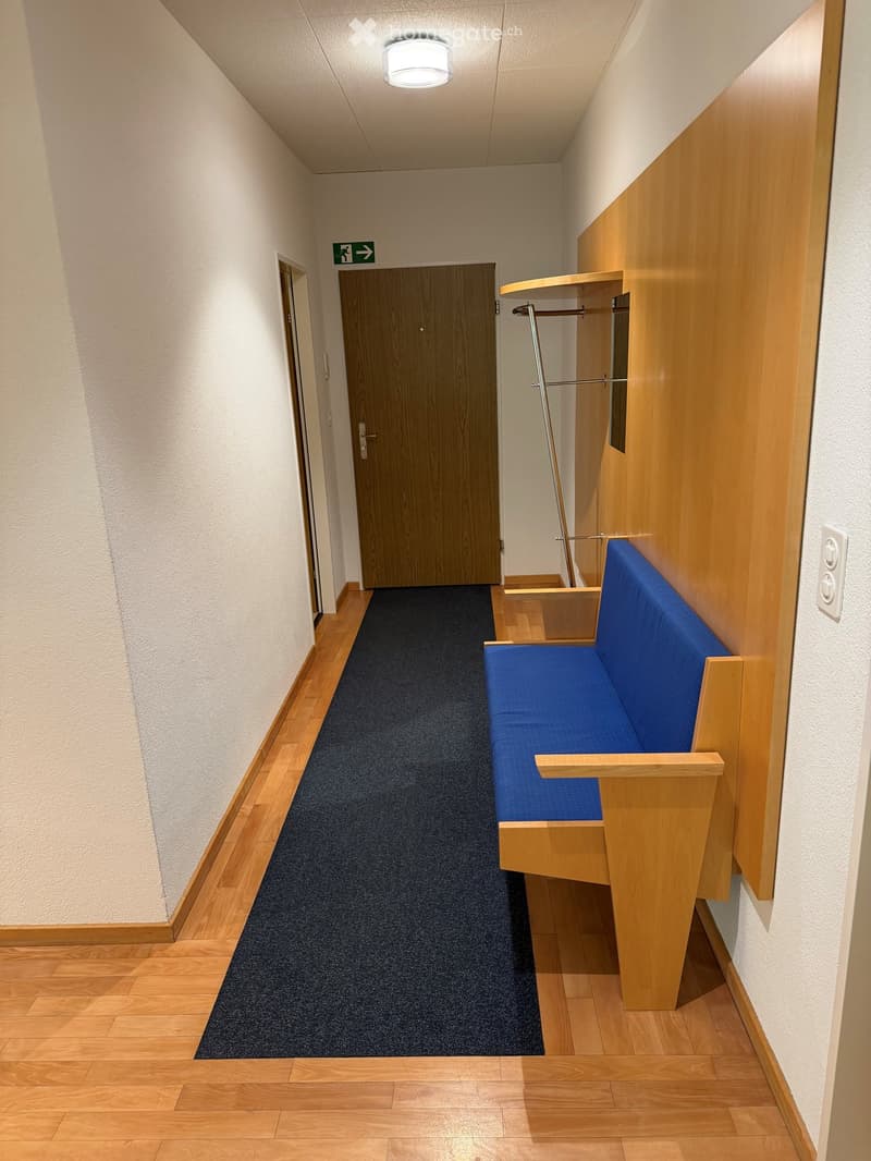 Modern hallway with wooden flooring, a blue upholstered bench, and a closed wooden door.