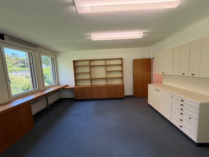 Office space with wooden cabinetry, shelves, and a desk near large windows.