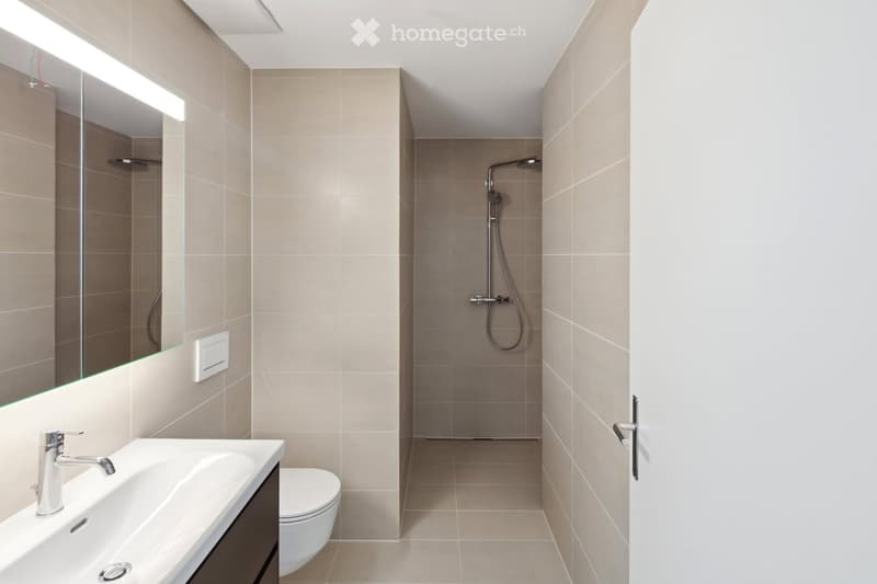 Modern bathroom with beige tiles, a large mirror, a sink with a modern faucet, a toilet, and a separate shower area with a handheld showerhead.