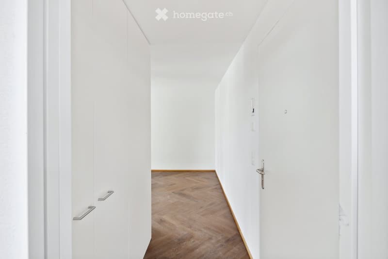 A clean, minimalist hallway with white walls, wooden flooring, and modern door handles.