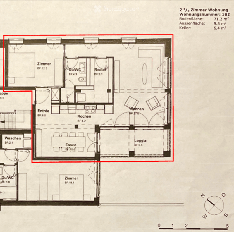 Floor plan of a 2.5-room apartment with labeled rooms including entrance, kitchen, dining area, living area, bedroom, bathroom, and loggia.