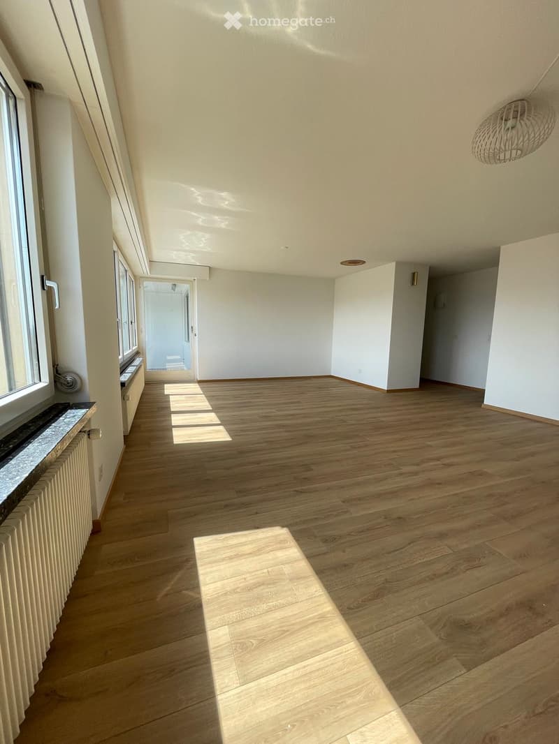 Empty room with wooden flooring, white walls, large windows, and a radiator on the left side.
