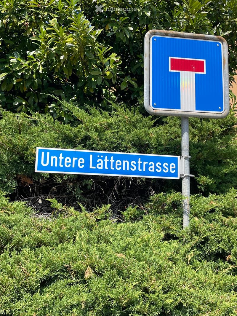A street sign reading "Untere Lättenstrasse" is mounted on a pole amidst green bushes and trees.