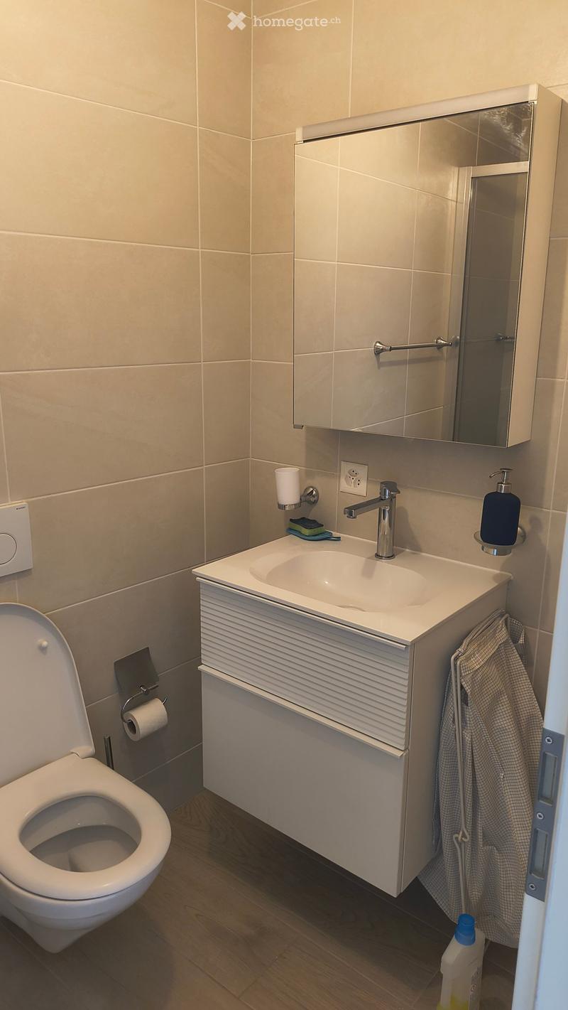 Modern bathroom with a white toilet, a sleek sink with a modern faucet, a mirror cabinet, and a towel hanging on the side.