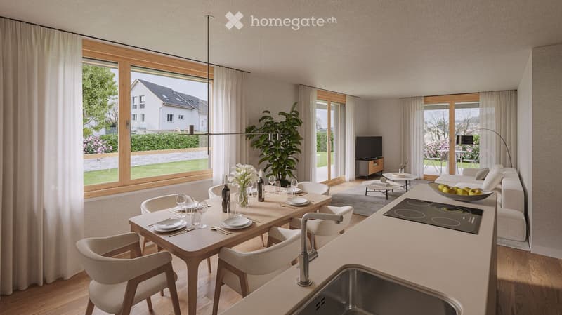 Modern dining room with dining table, large windows, glass doors, kitchen island, open floor plan.