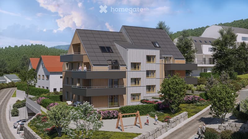 apartment building, gray exterior, two balconies, garden, two people on second floor balcony