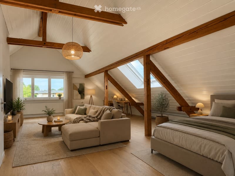 A modern, open-concept living and bedroom space with exposed wooden beams, skylights, a sectional sofa, a coffee table, a bed, a nightstand, a desk, and potted plants.