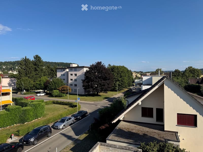 Aerial view of a residential area with a modern house, parked cars, and surrounding greenery.
