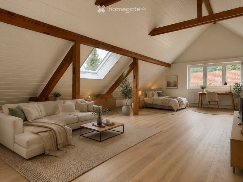Spacious, loft-style living area with exposed wooden beams, skylight, and large windows. Features a beige sectional sofa, coffee table, bed, nightstand, desk, and potted plants.