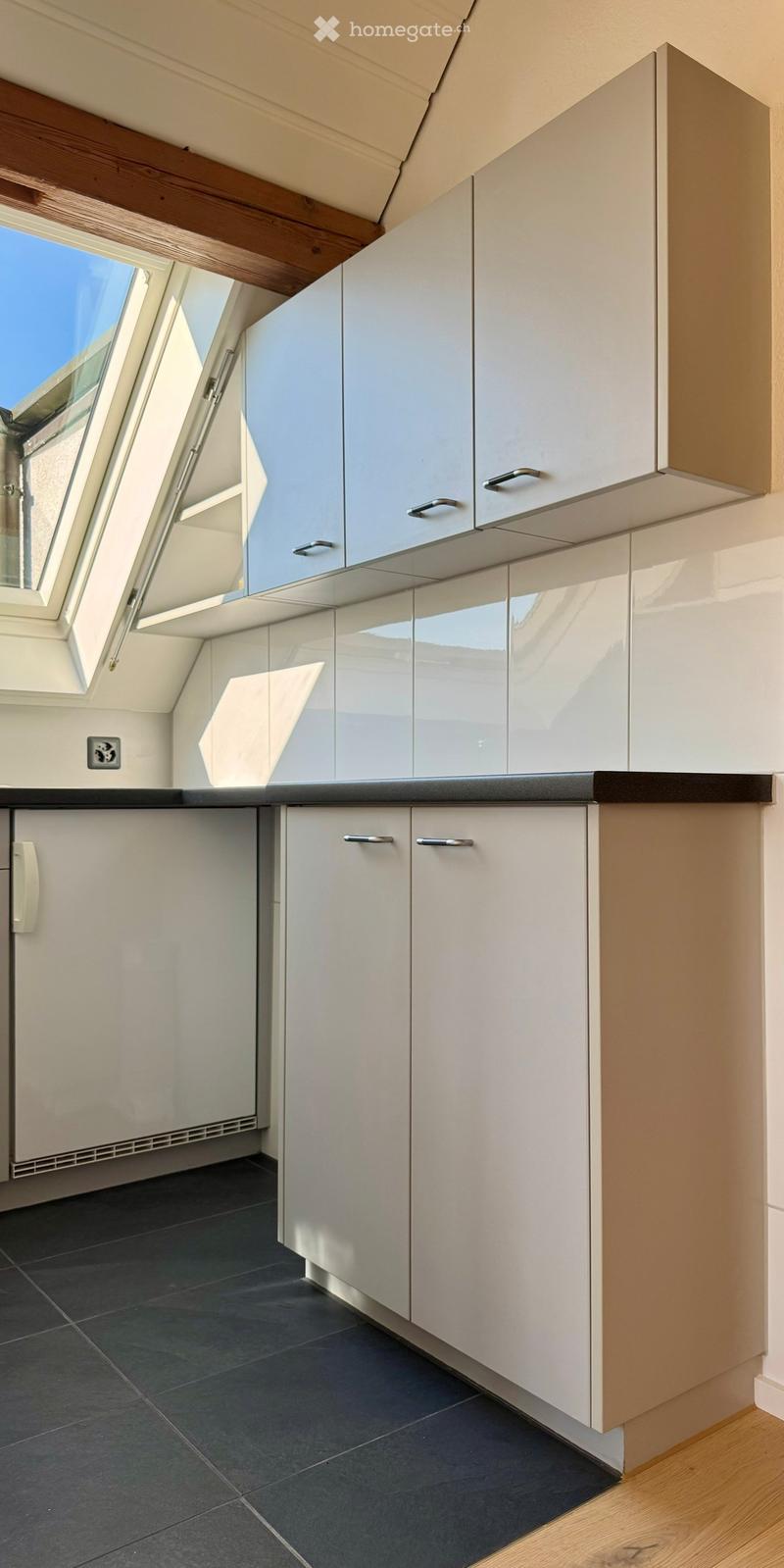 Modern kitchen with white cabinets, black countertop, and dark tiled floor. Features a skylight window above the counter.