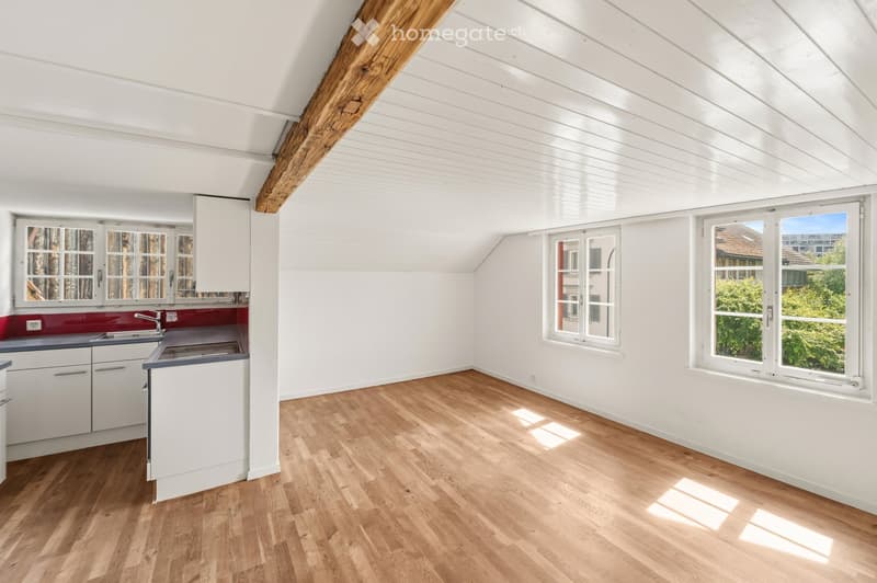 Bright, airy kitchen with white walls, wooden flooring, and large windows. Features a sink, faucet, and white cabinets.