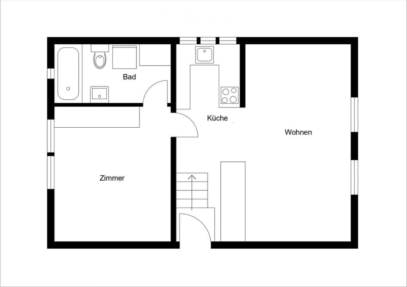 Layout of a compact apartment featuring a living area, bedroom, kitchen, and bathroom. The kitchen includes a sink and stove, while the bathroom has a toilet and bathtub.