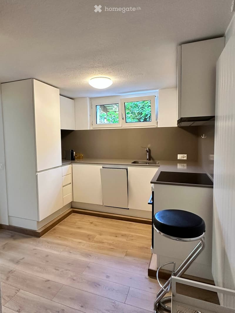 Modern kitchen with white cabinets, wooden flooring, a black stool, and a small window overlooking greenery.