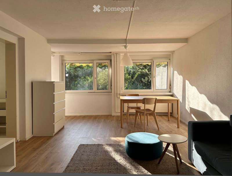Bright living room with wooden flooring, large windows, a sofa, a round stool, a small table, a dining table with chairs, and a cabinet.